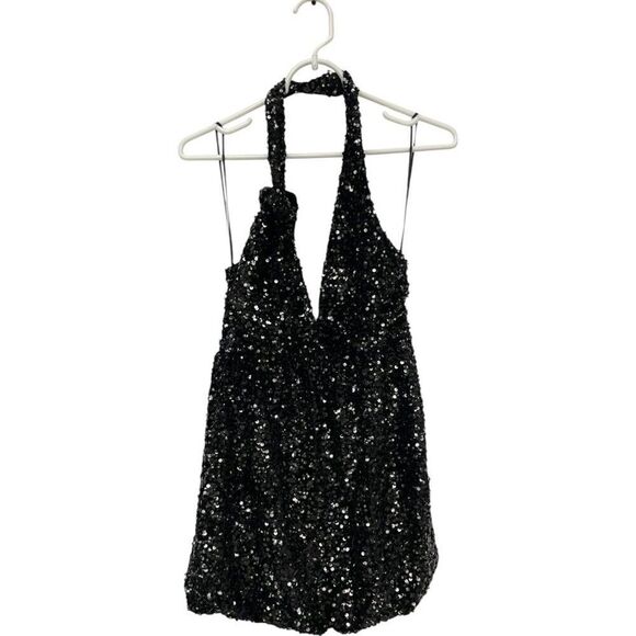 Zara Women Mini Dress XS Black Sequin Halter Party Cocktail 9808/574 NWOT - Picture 3 of 11
